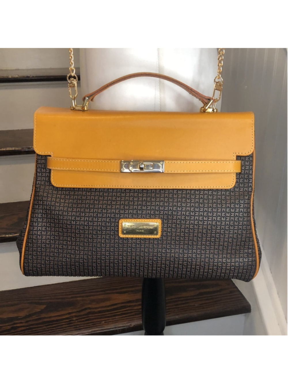 TED LAPIDUS Caramel Leather Top Handle & Monogram Embossed Crossbody Satchel - Picture 3 of 17